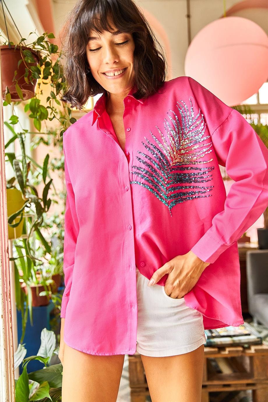 Siyah Palmiye Payetli Oversize Bluz