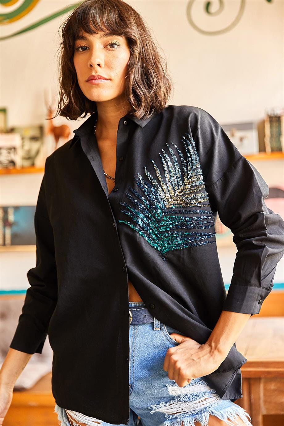 Siyah Palmiye Payetli Oversize Bluz