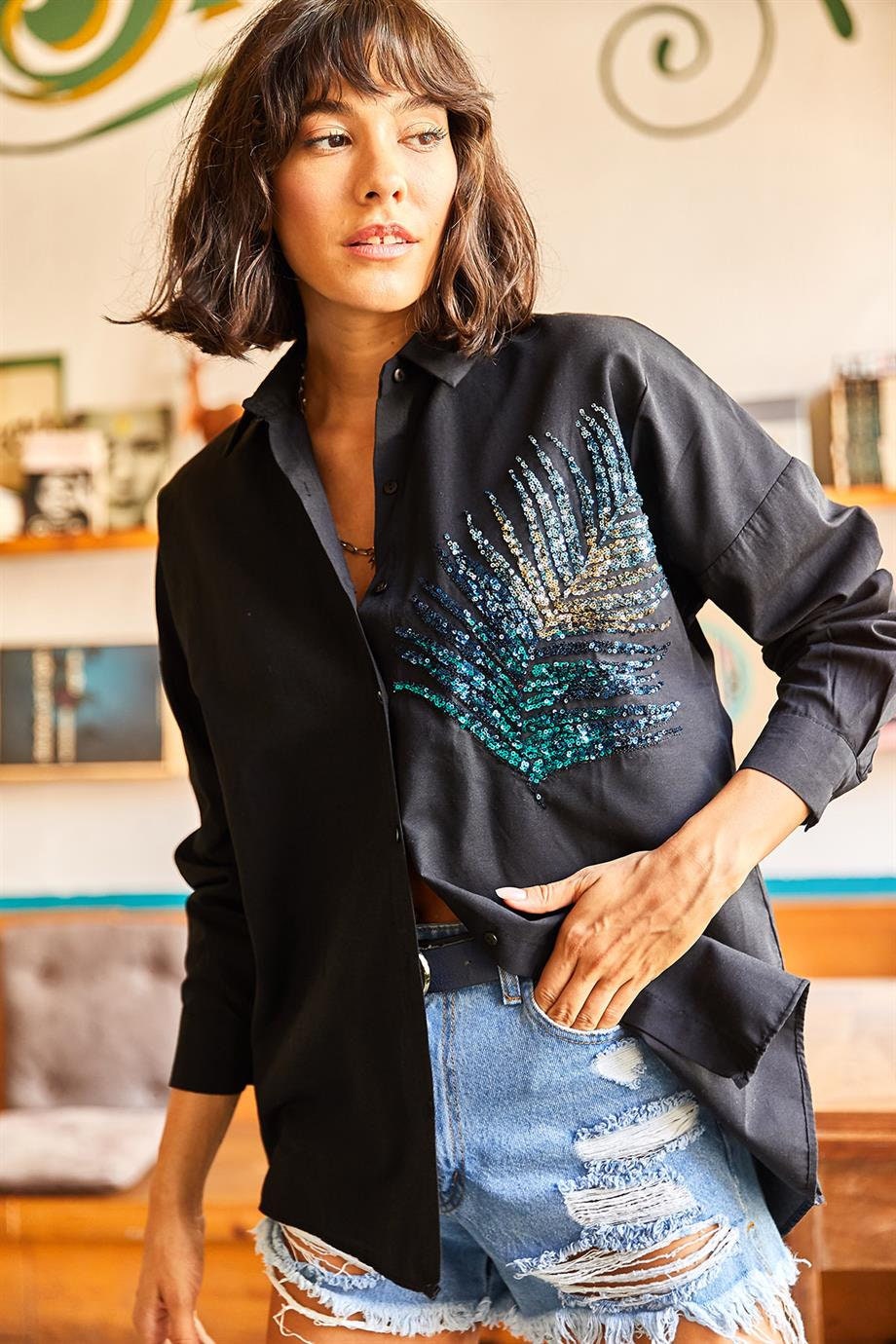 Siyah Palmiye Payetli Oversize Bluz