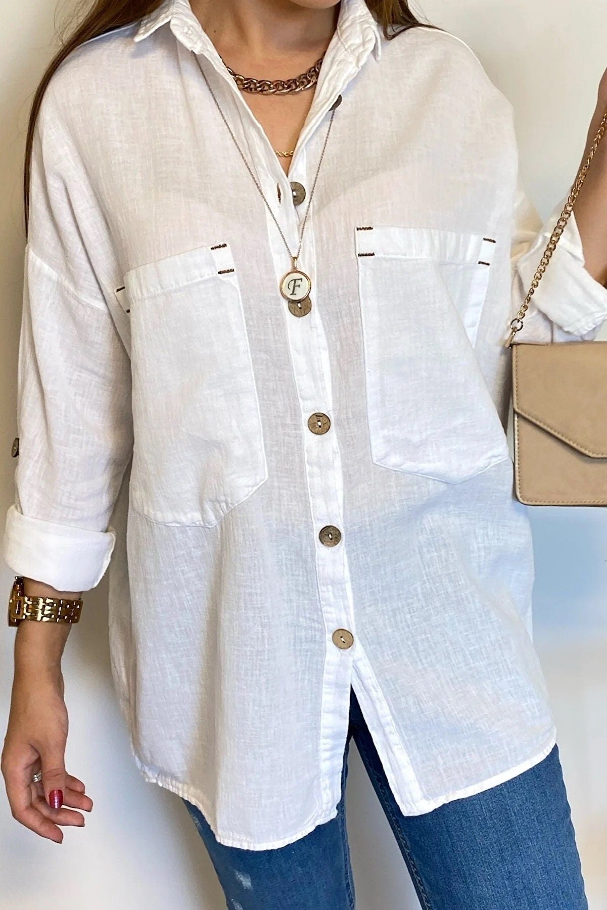 Blusa de mezcla de lino y algodón de manga larga