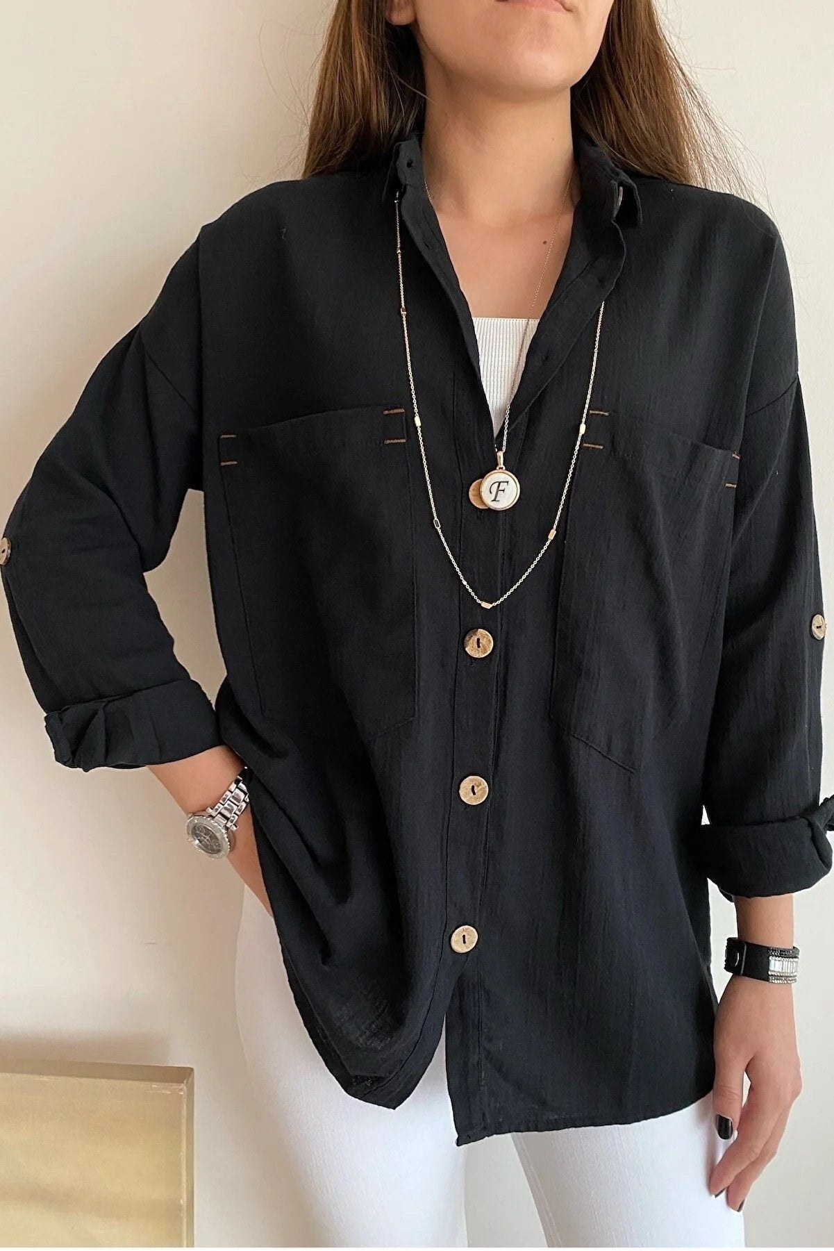 Blusa de mezcla de lino y algodón de manga larga