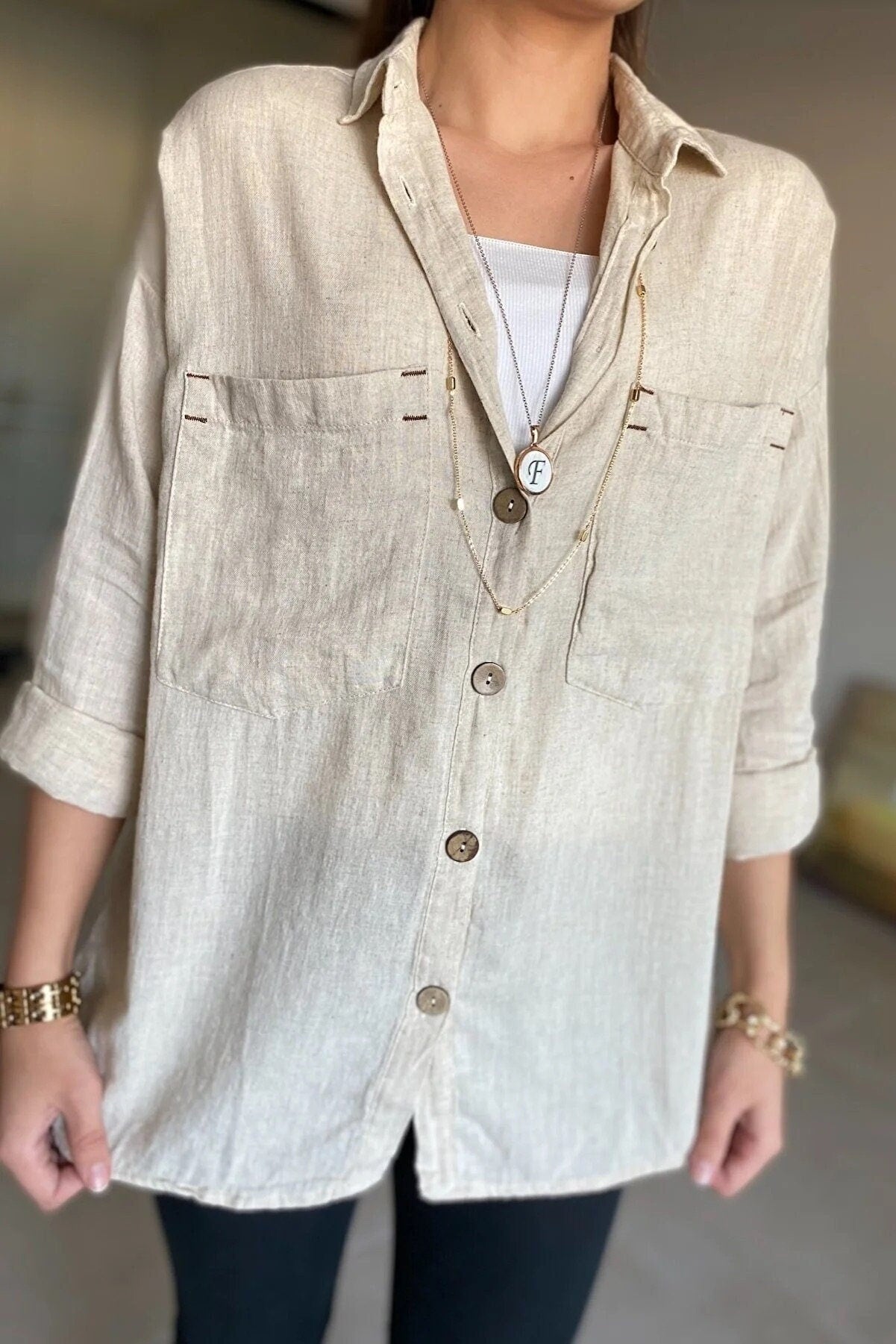 Blusa de mezcla de lino y algodón de manga larga