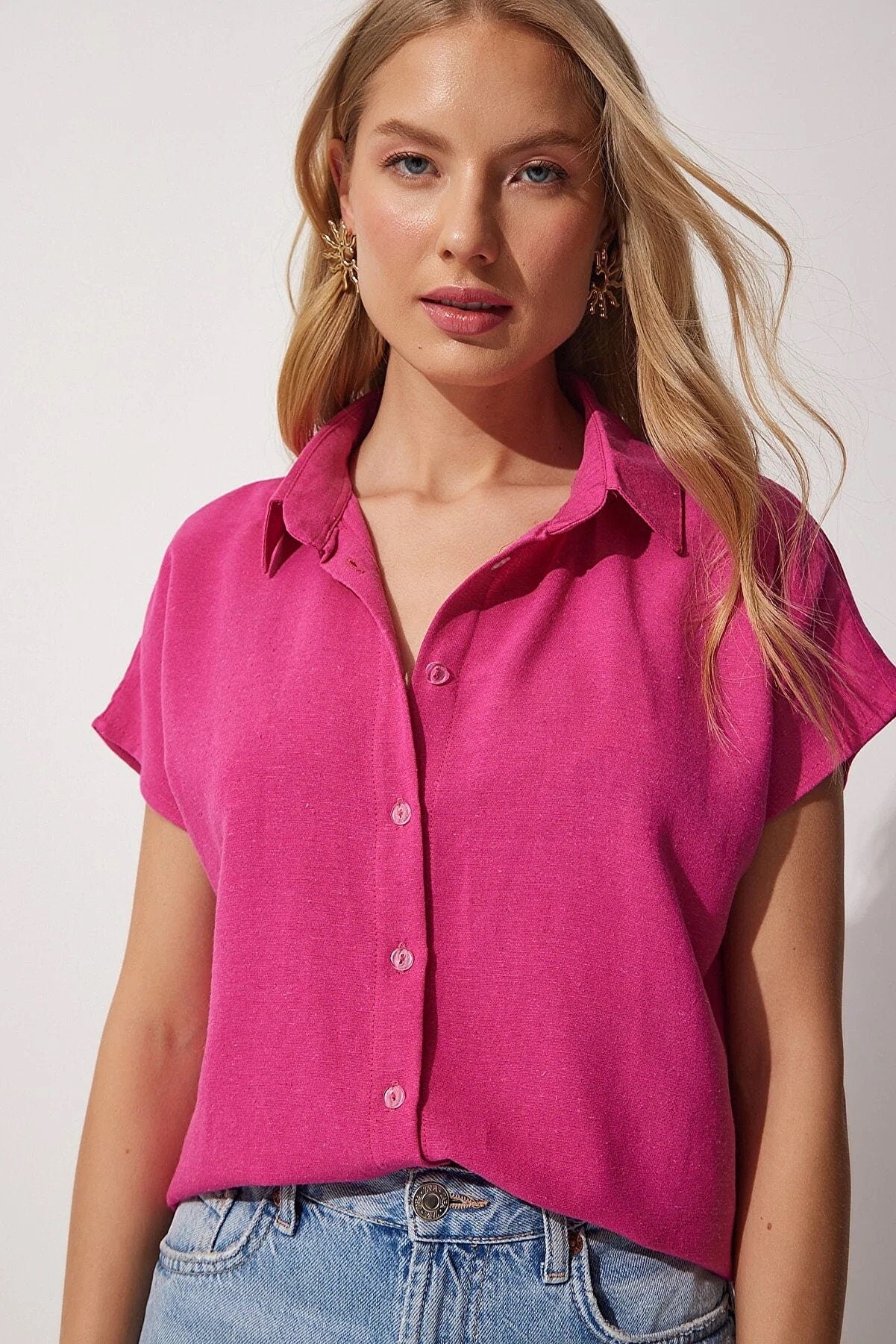 Camila Fuschia Linen Short Sleeve Button-Down Shirt