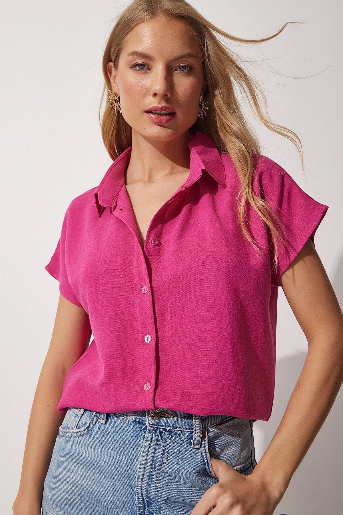 Camila Fuschia Linen Short Sleeve Button-Down Shirt