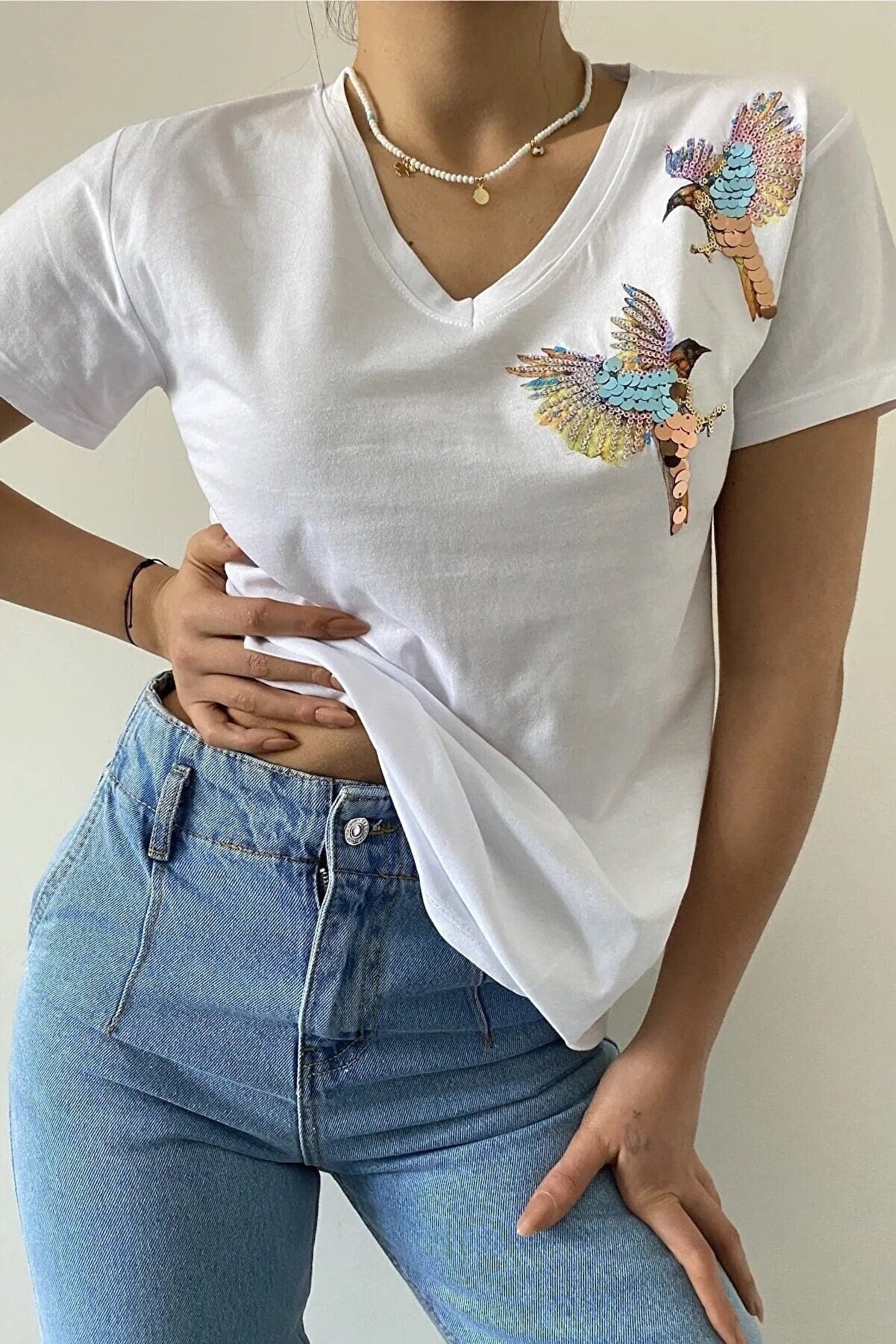 Tilda Bird Embroidered Cotton Short Sleeve T-Shirt - White