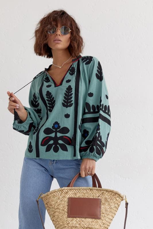 Olena Mint Green Ethnic Embroidered Cotton Vyshyvanka