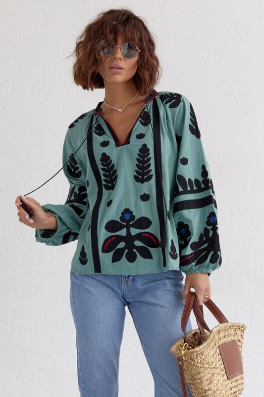 Πράσινο μέντας με έθνικ κέντημα από βαμβάκι Vyshyvanka