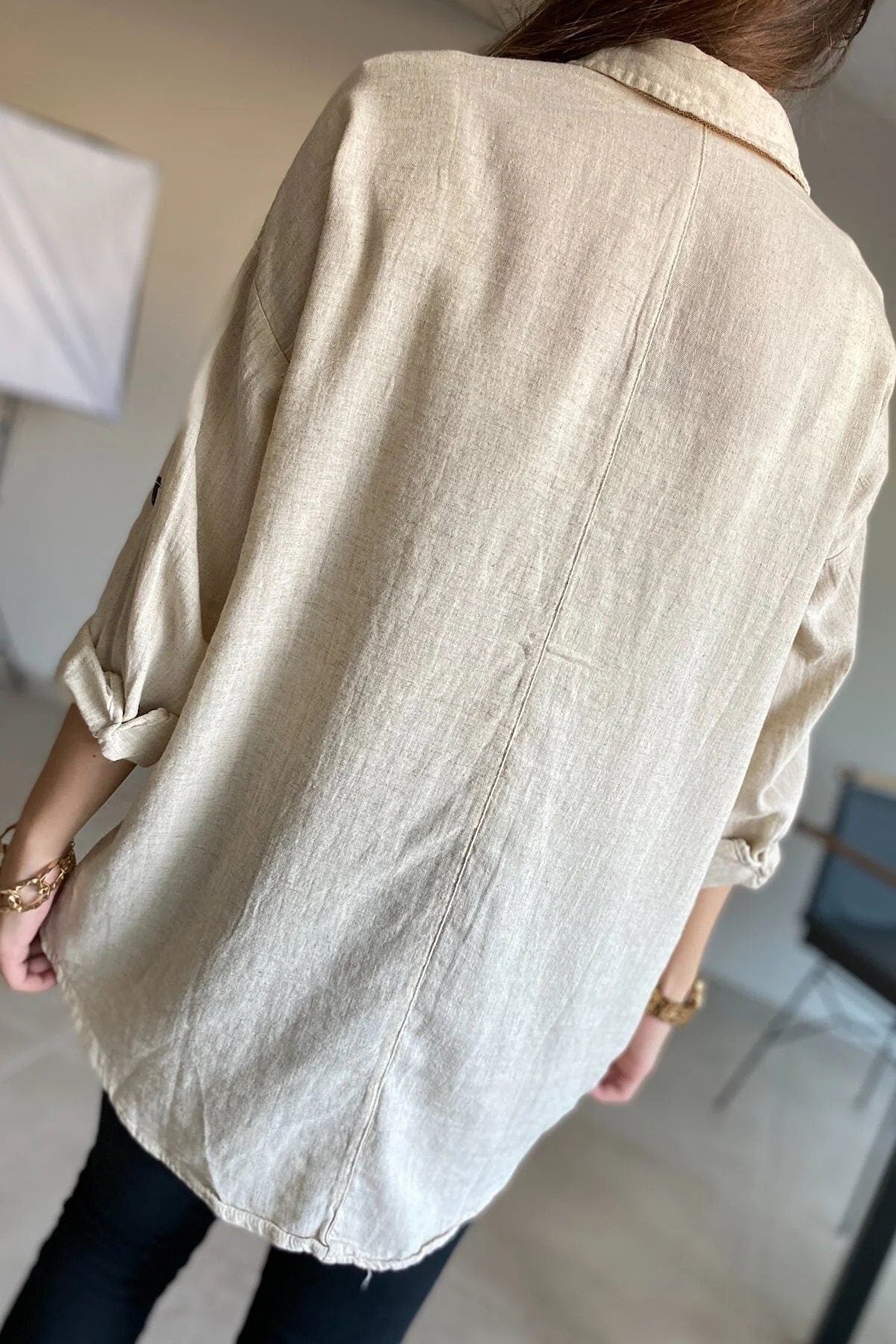 Blusa de mezcla de lino y algodón de manga larga