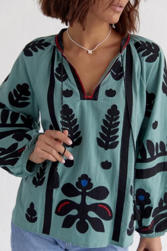 Olena Mint Green Ethnic Embroidered Cotton Vyshyvanka