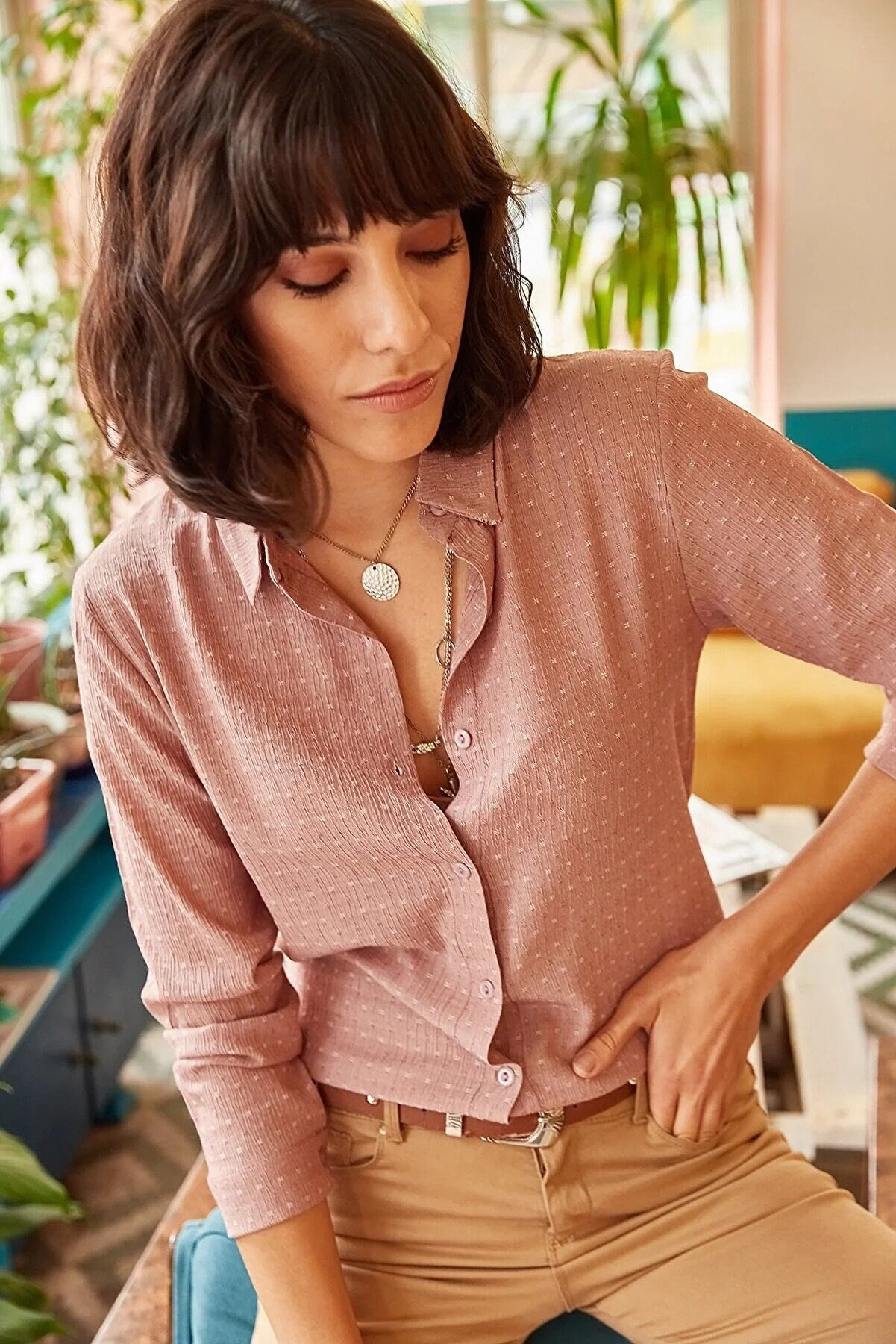 Camisa de diseñador de manga larga con botones Eleanor Pink