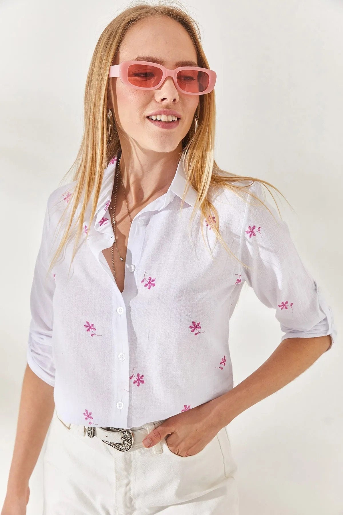 Verona Mini Pink Floral White Linen Button Down Shirt