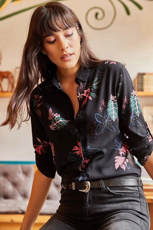 Black Floral Button Down Blouse