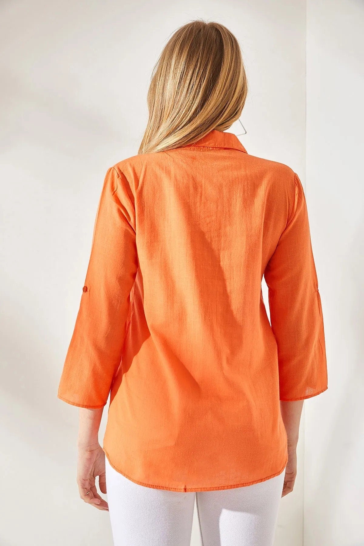 Verona Turuncu Keten Uzun Kollu Düğmeli Gömlek