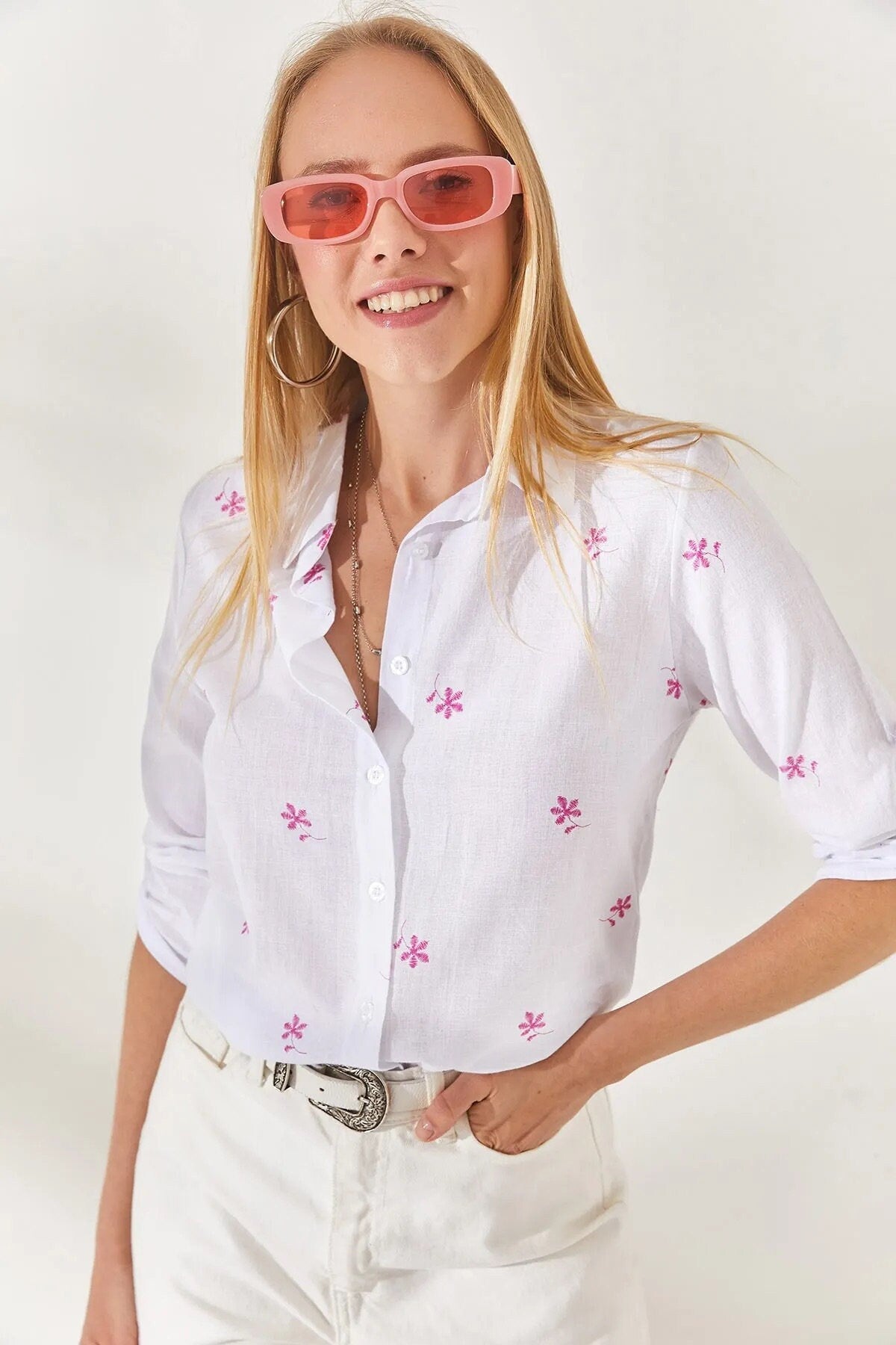 Verona Mini Pink Floral White Linen Button Down Shirt