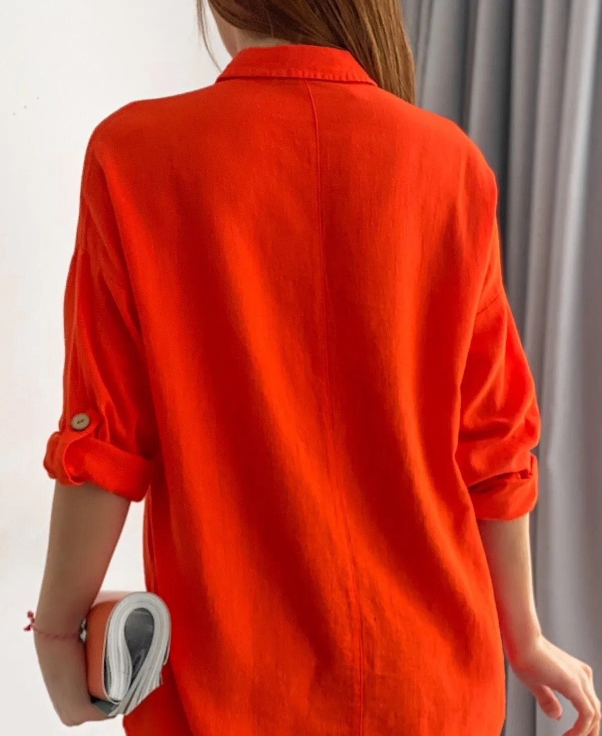Blusa de mezcla de lino y algodón de manga larga