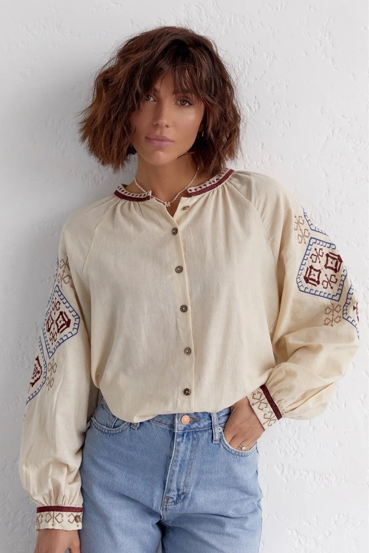 Ethnic Embroidered Cream Cotton Vyshyvanka Blouse