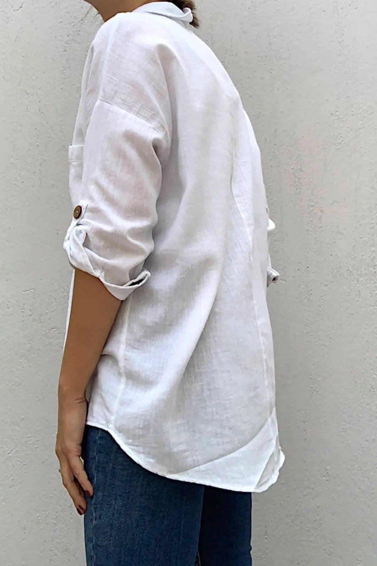 Blusa de mezcla de lino y algodón de manga larga
