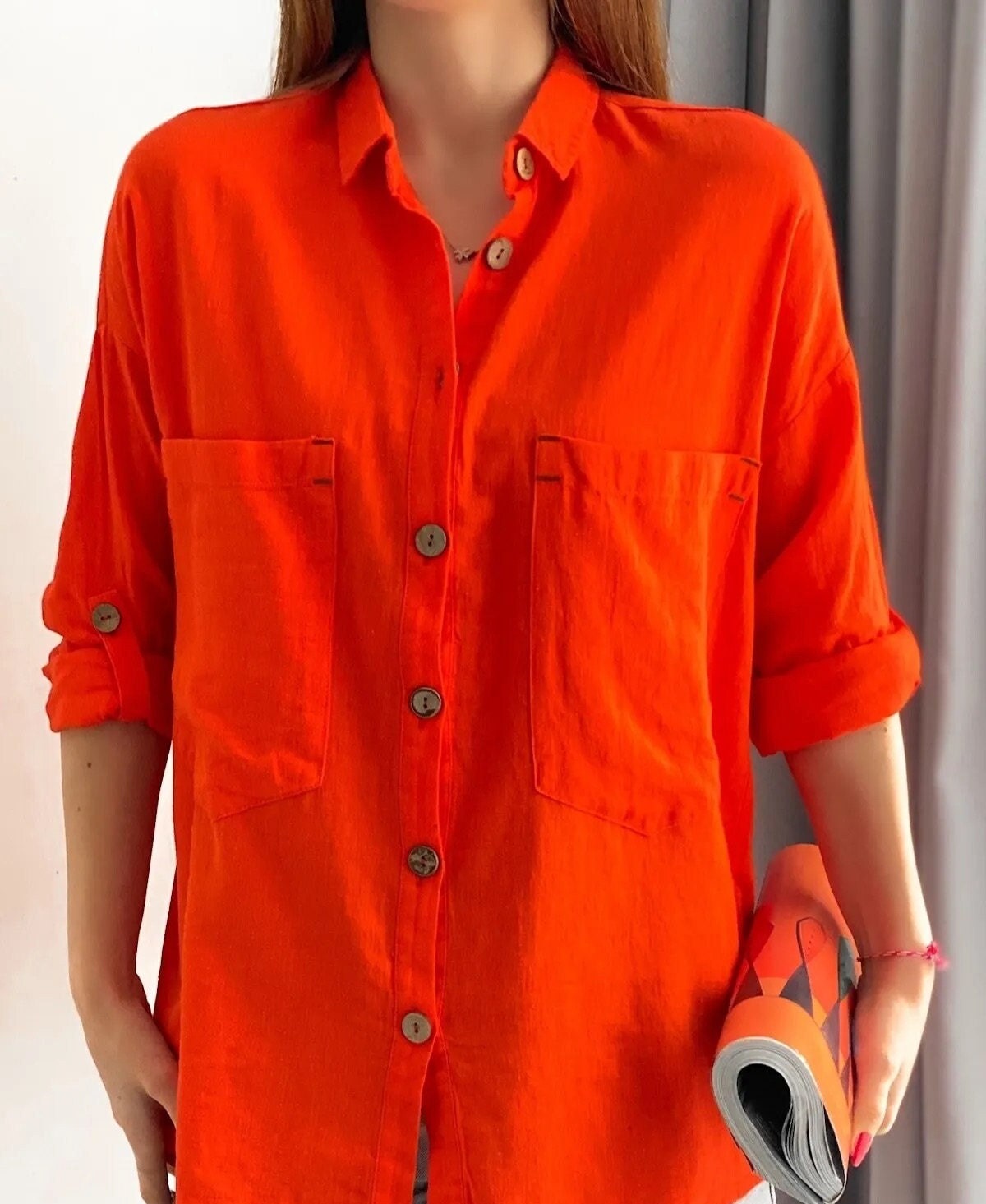 Blusa de mezcla de lino y algodón de manga larga