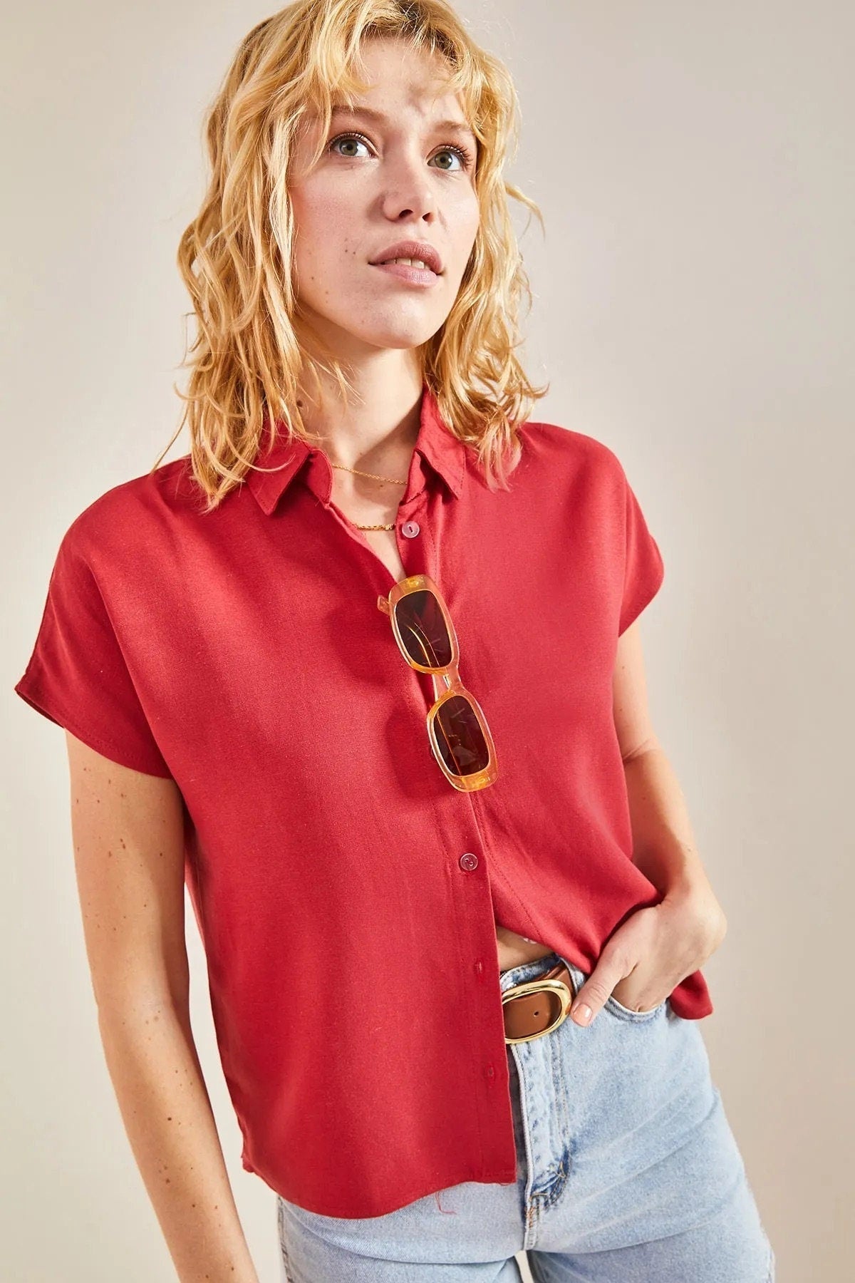 Camila Fuschia Linen Short Sleeve Button-Down Shirt