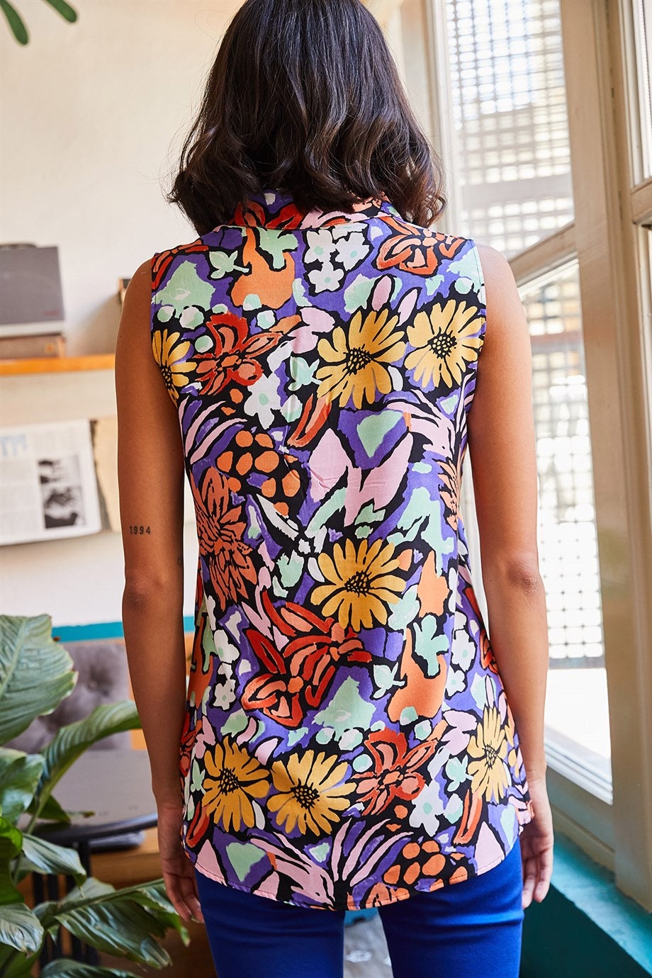 Carol Purple Floral Sleeveless Button-Down Shirt