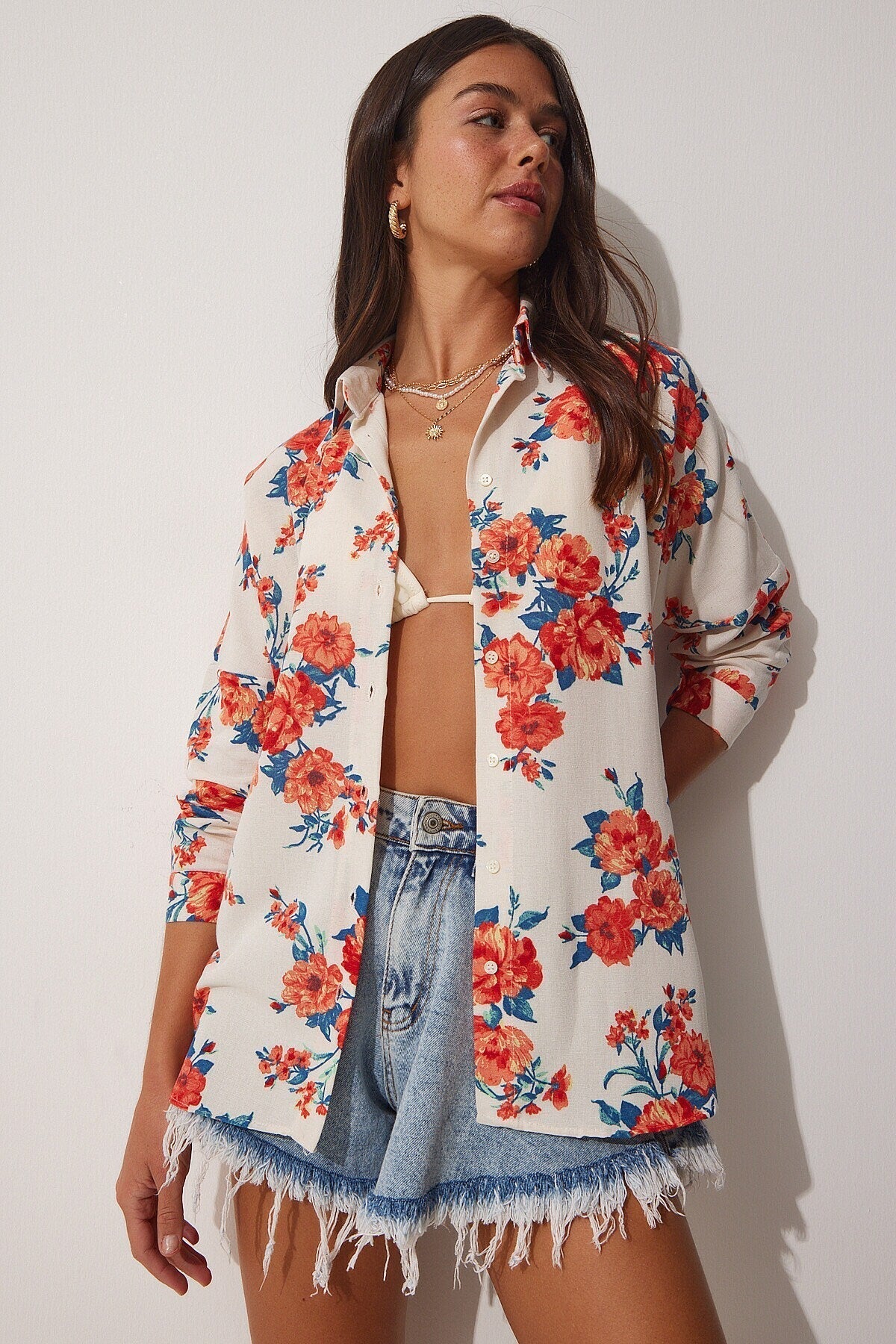 Lola Turuncu Çiçek Desenli Keten Düğmeli Gömlek