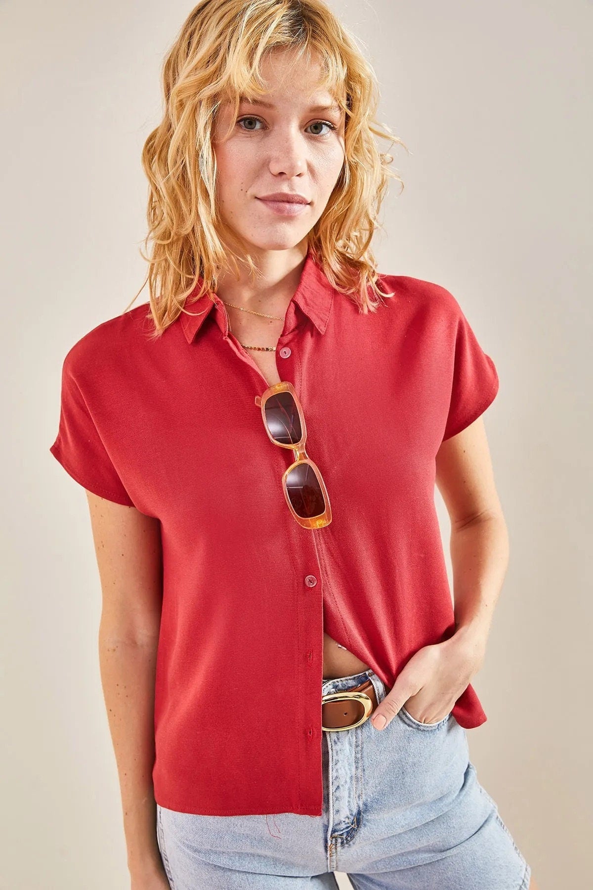 Camila Fuschia Linen Short Sleeve Button-Down Shirt