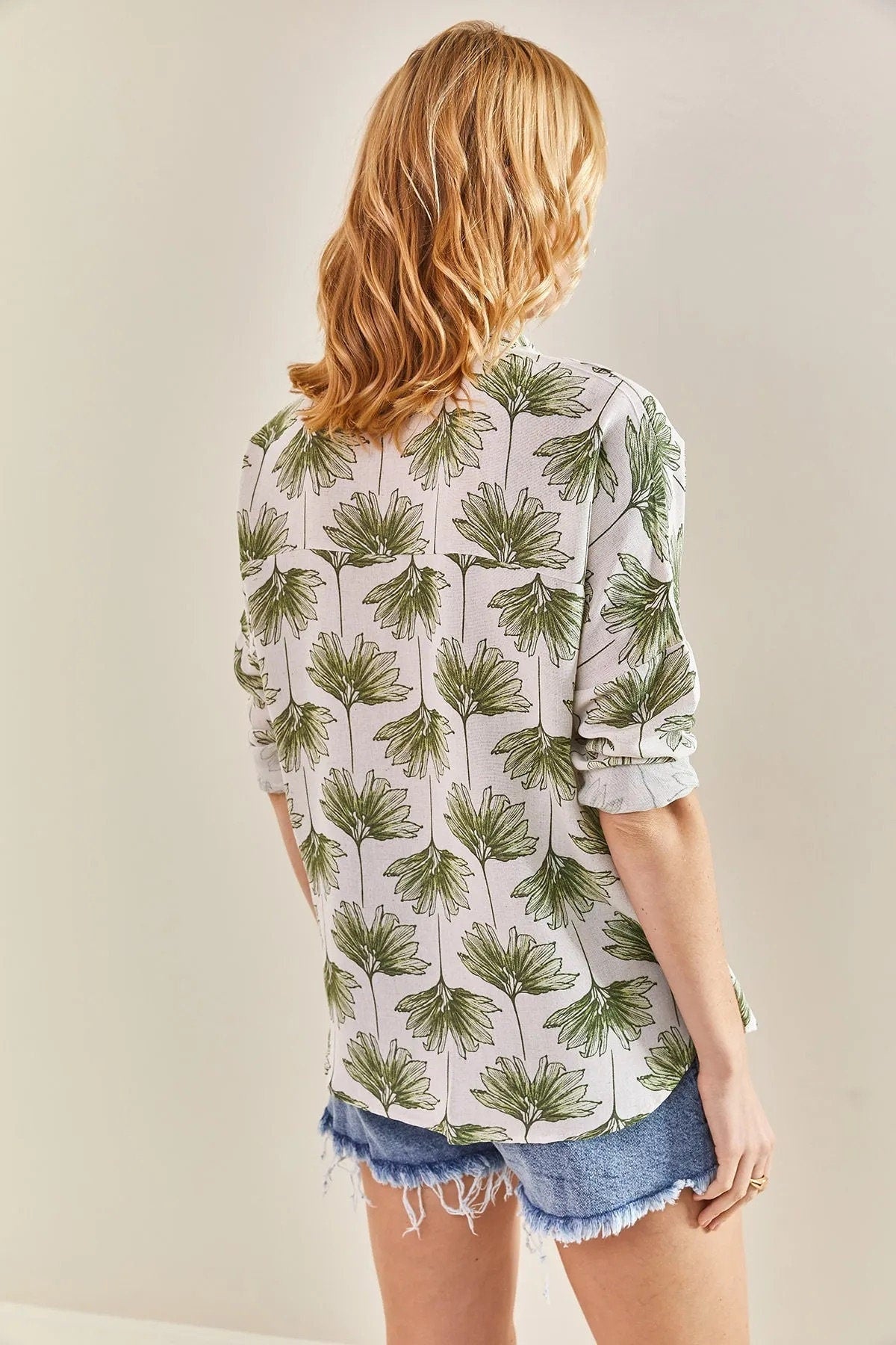 Lola Green Gingko Print Linen Blend Blouse