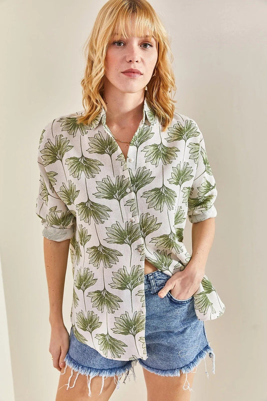 Lola Green Gingko Print Linen Blend Blouse