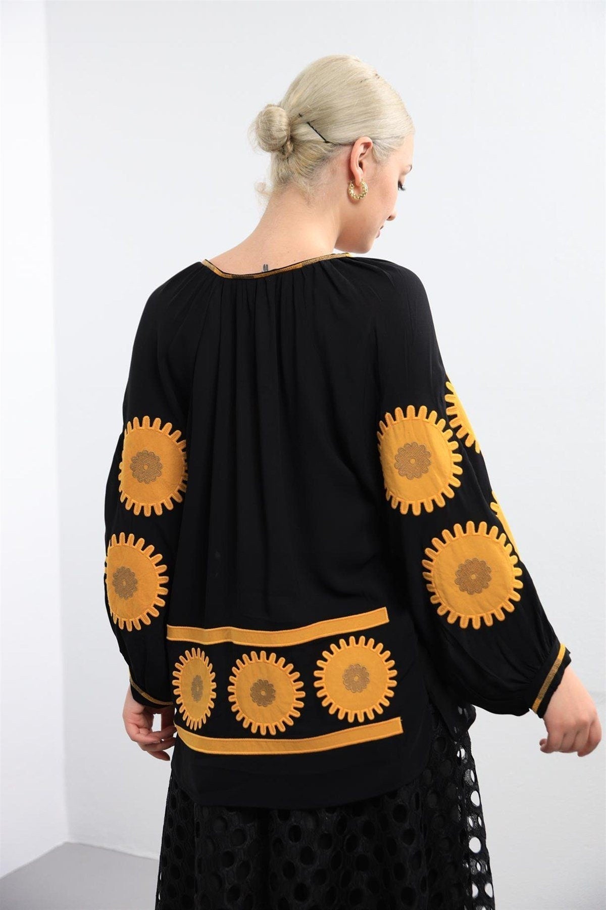 Black Sunflower Embroidered Blouse