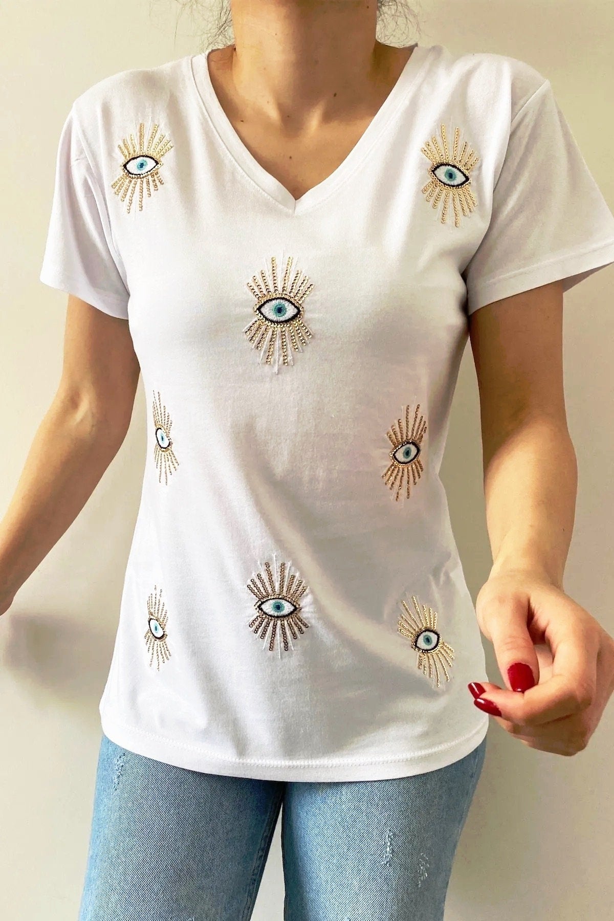 Camiseta con lentejuelas Tilda Evil Eye - Blanca