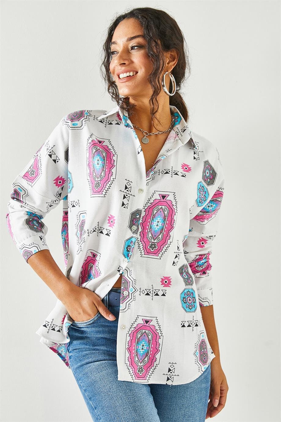 Blusa de lino Lola Pink con estampado étnico