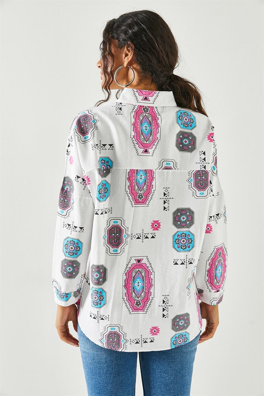 Blusa de lino Lola Pink con estampado étnico