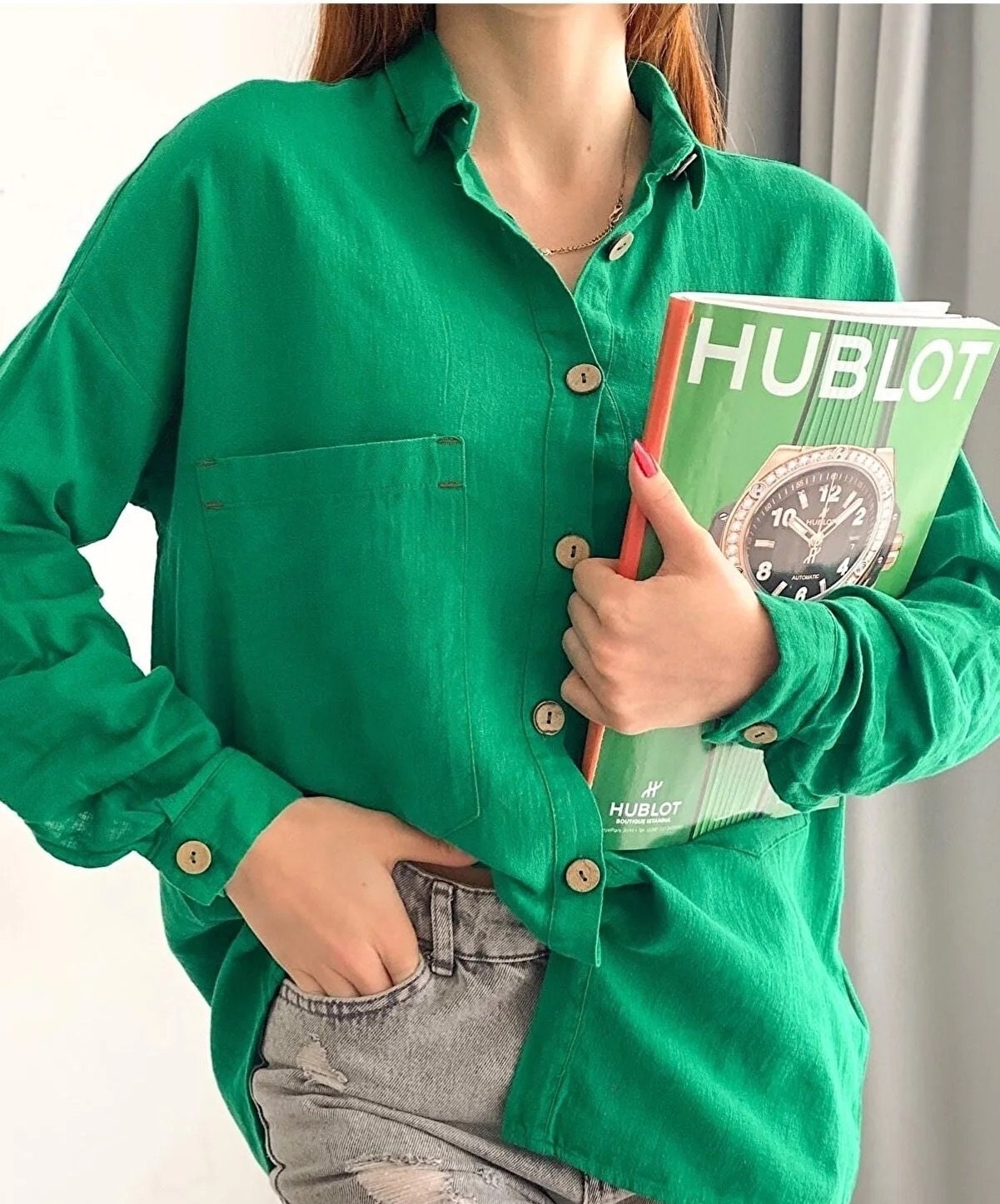 Blusa de mezcla de lino y algodón de manga larga