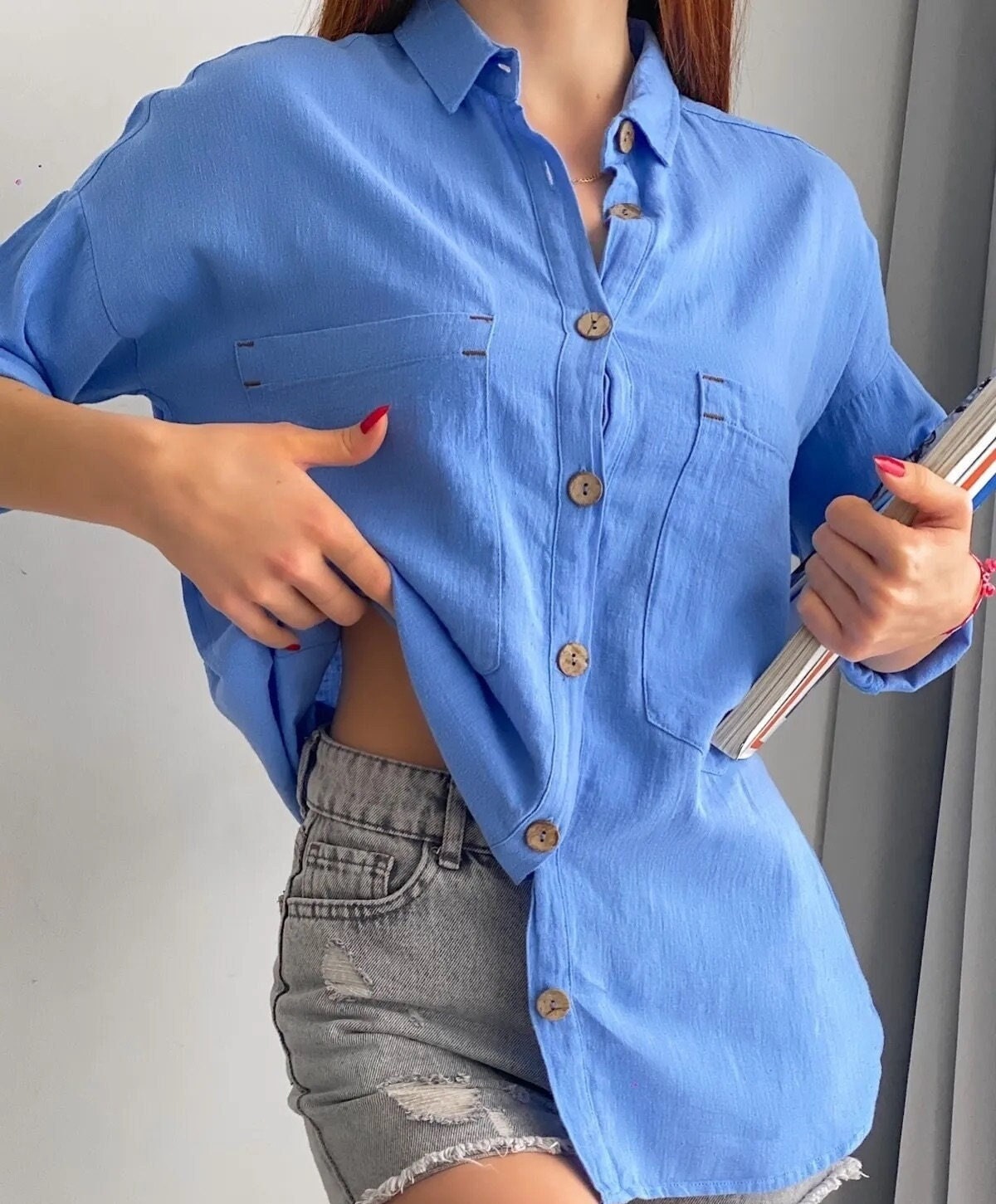 Blusa de mezcla de lino y algodón de manga larga
