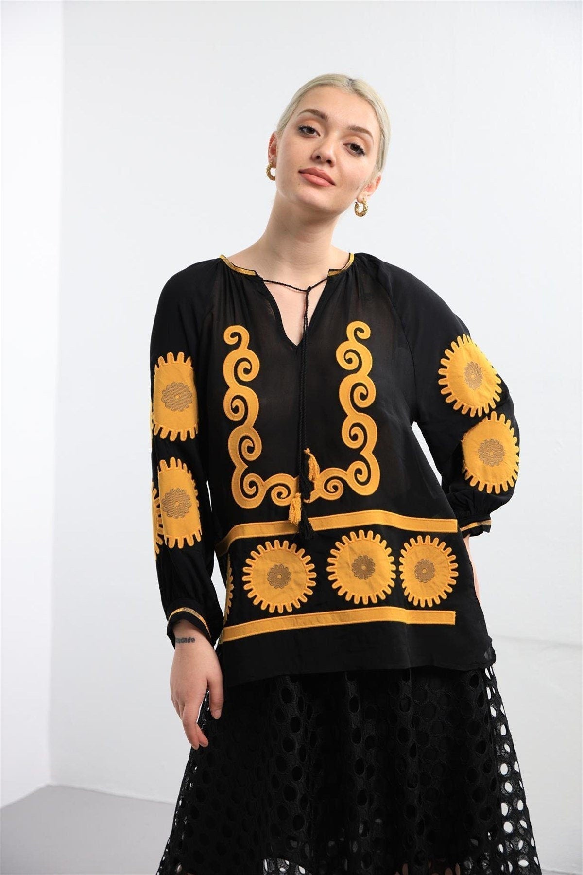 Black Sunflower Embroidered Blouse