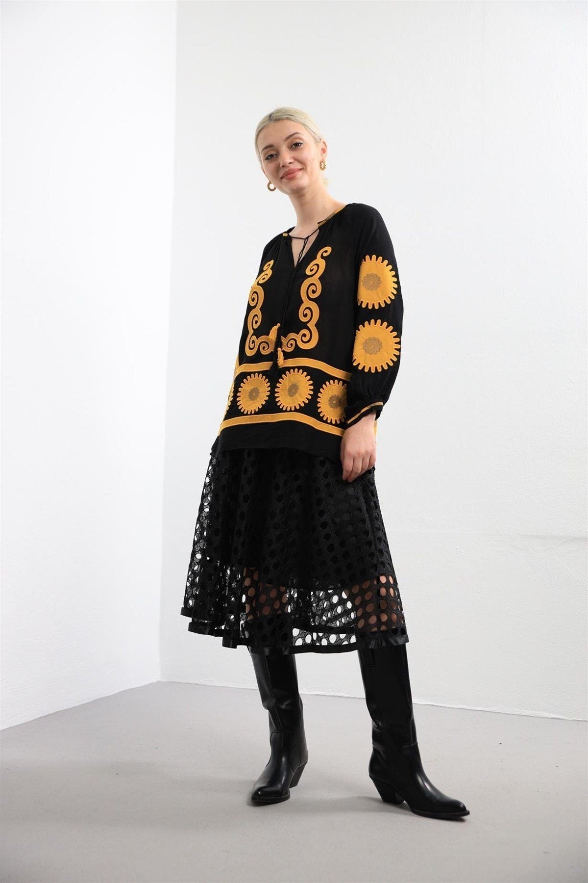Black Sunflower Embroidered Blouse
