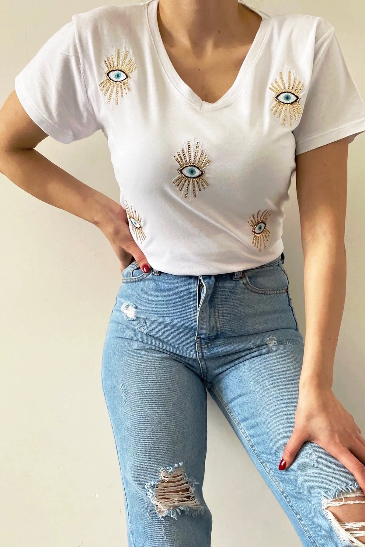 Camiseta con lentejuelas Tilda Evil Eye - Blanca