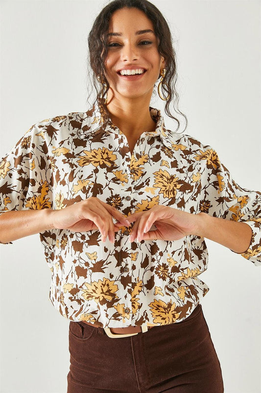 Lola Brown Floral Linen Button-Down Shirt