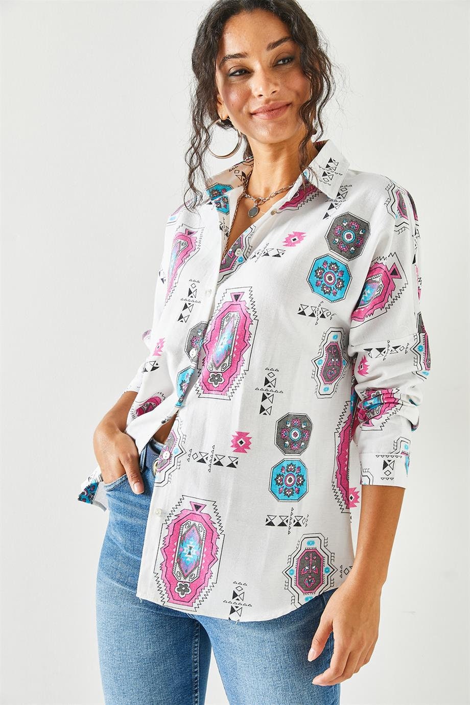 Blusa de lino Lola Pink con estampado étnico