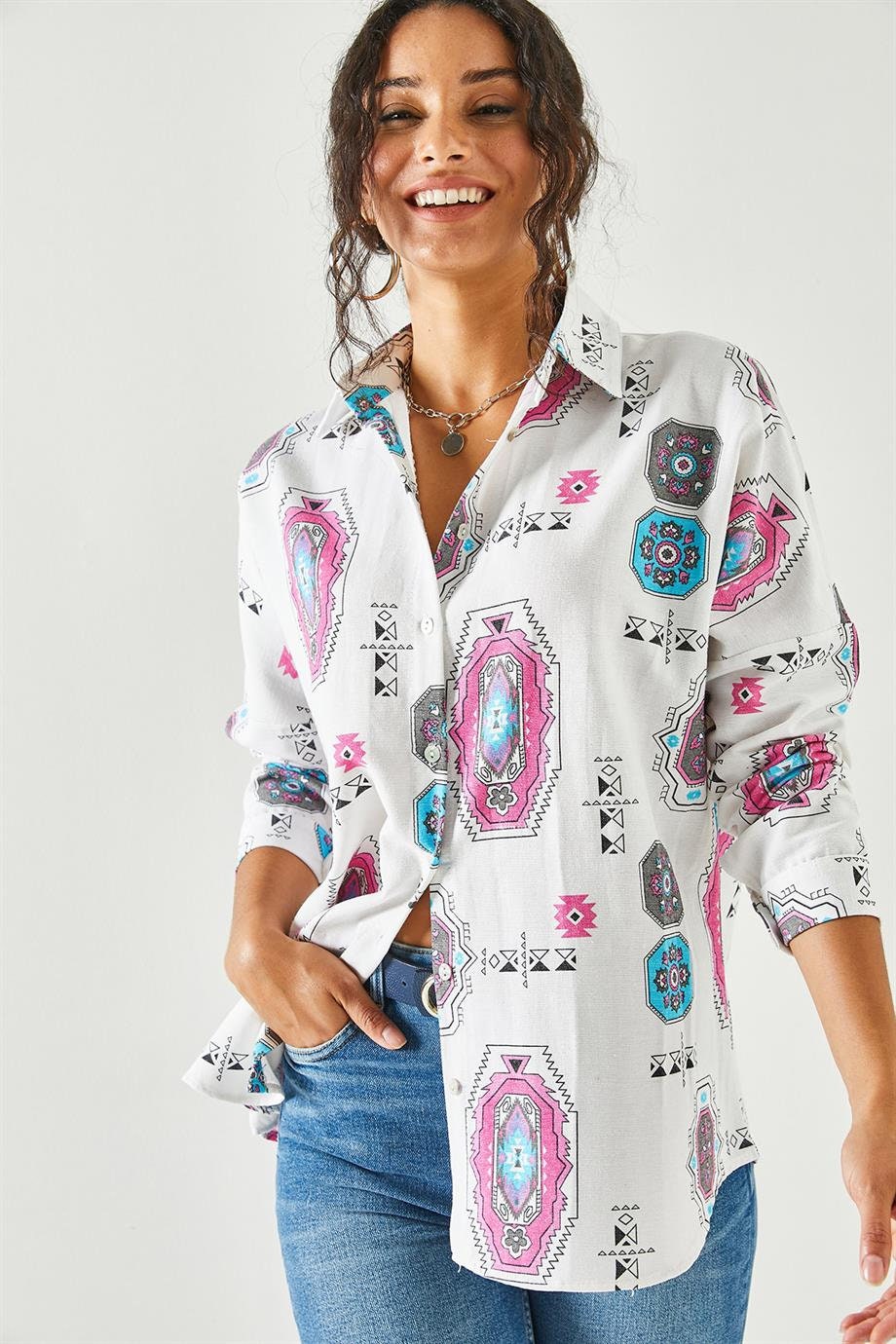 Blusa de lino Lola Pink con estampado étnico