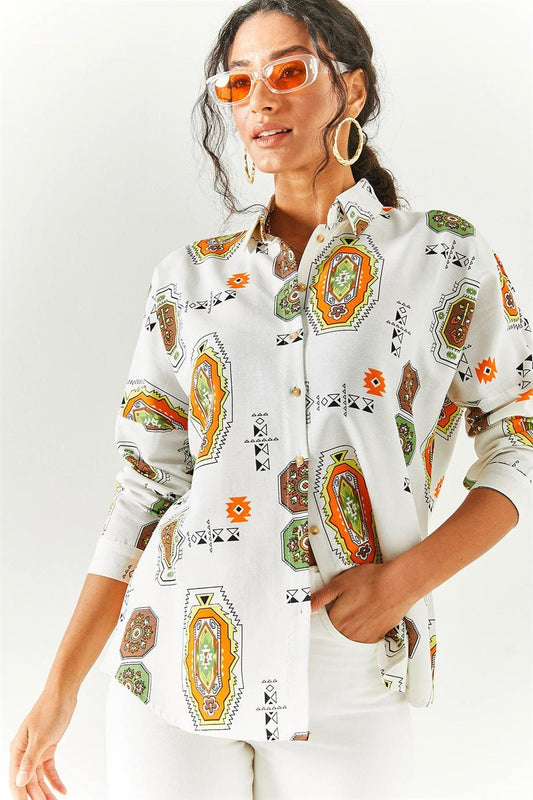 Lola Brown Ethnic Print Linen Blouse