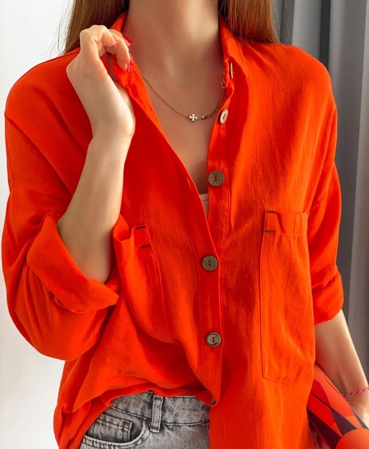 Blusa de mezcla de lino y algodón de manga larga