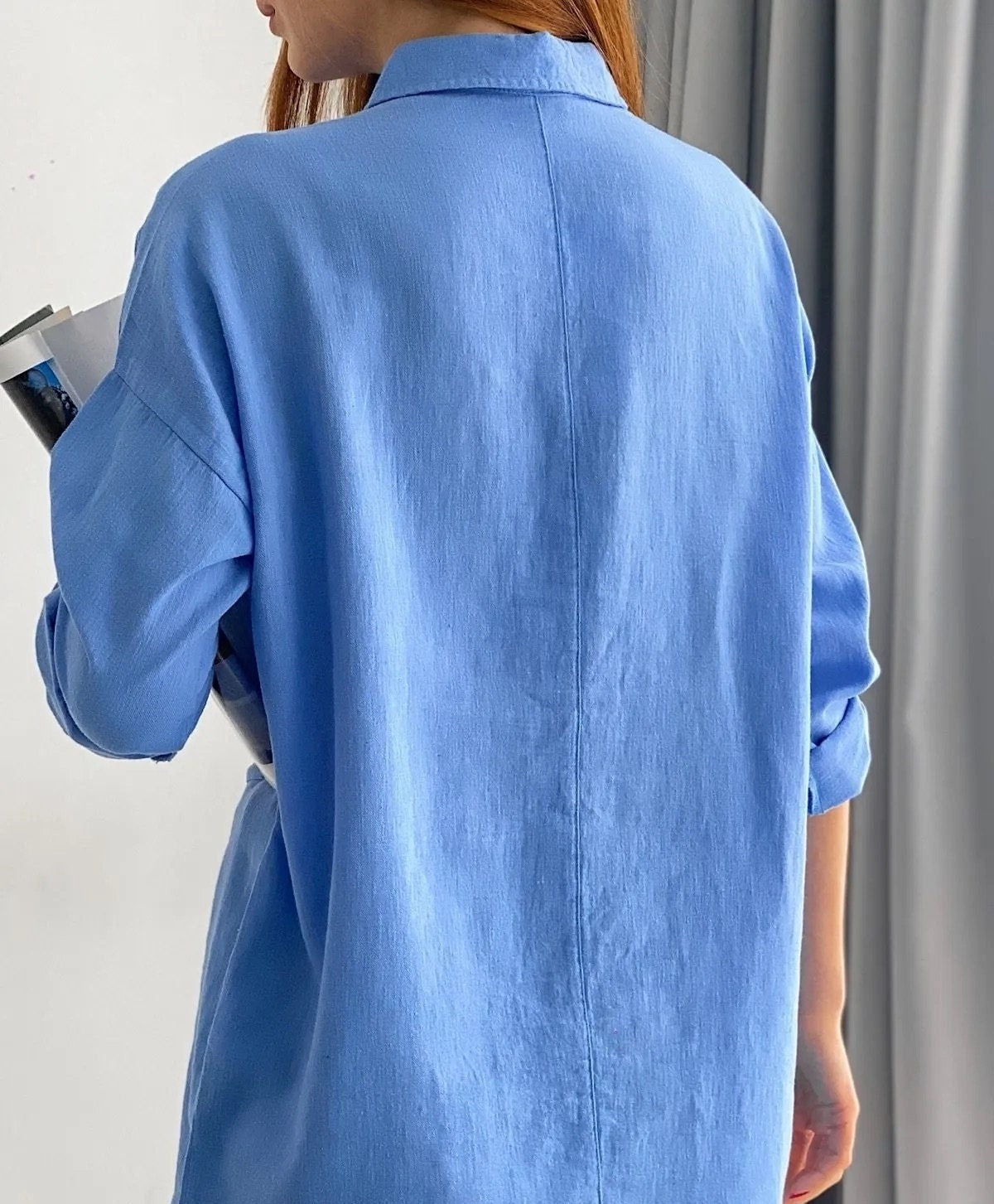 Blusa de mezcla de lino y algodón de manga larga