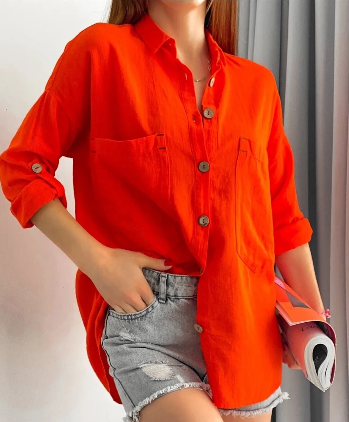 Blusa de mezcla de lino y algodón de manga larga