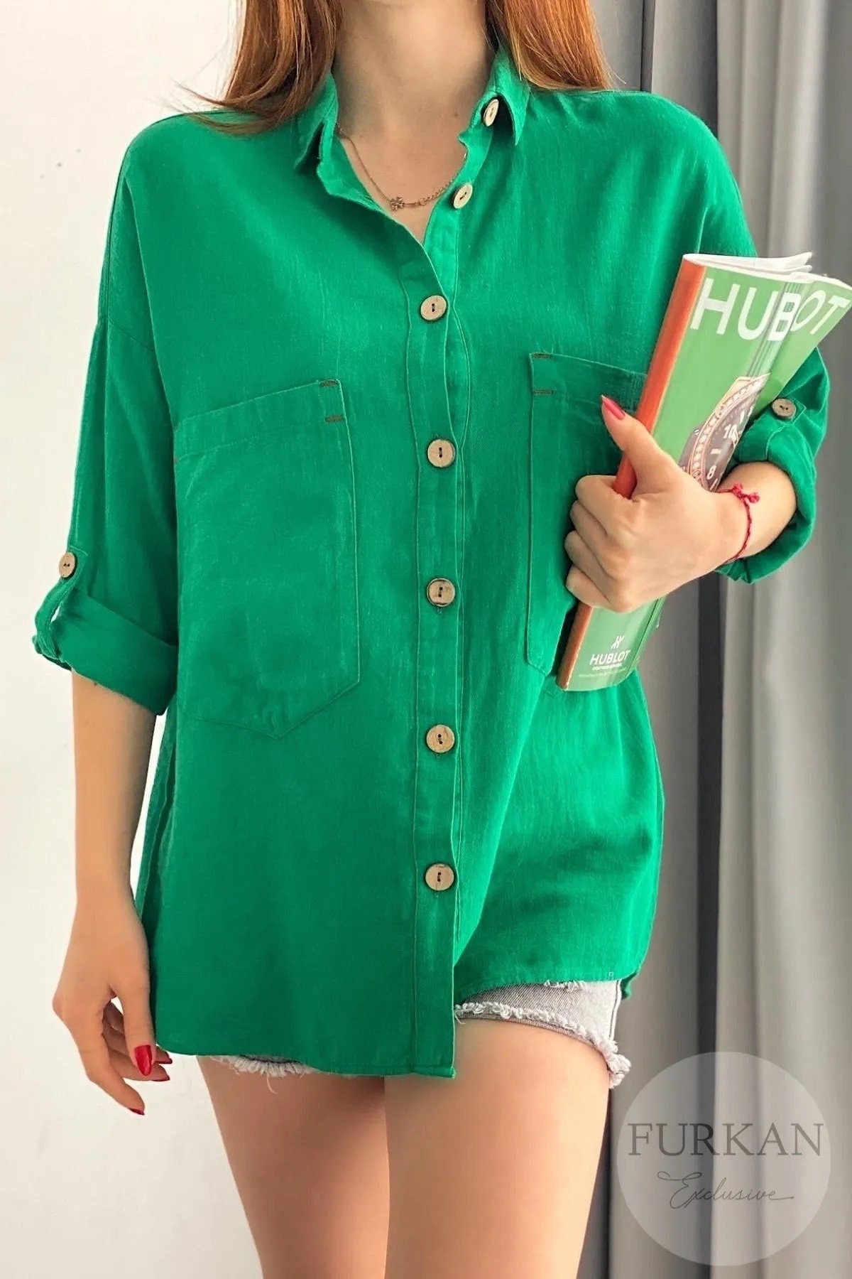 Blusa de mezcla de lino y algodón de manga larga