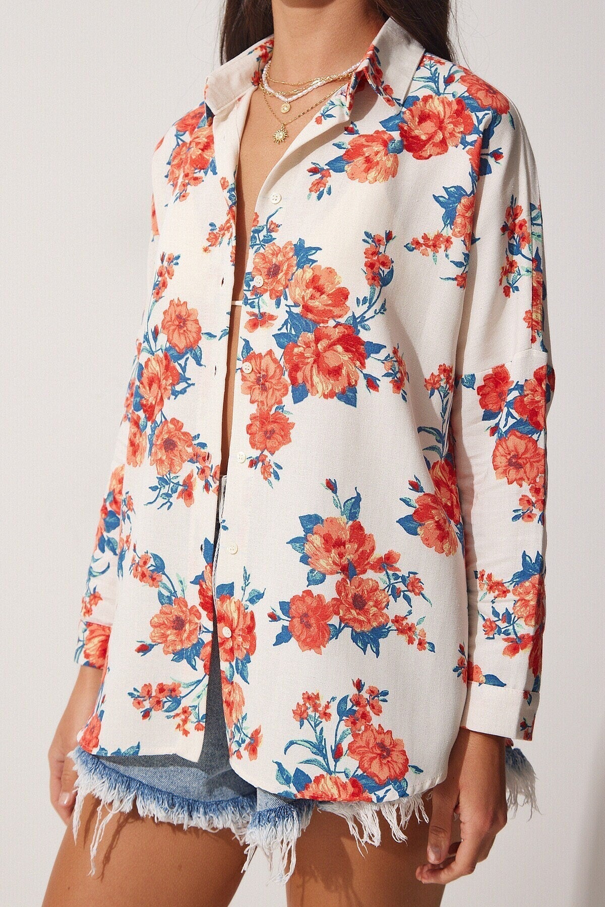 Lola Turuncu Çiçek Desenli Keten Düğmeli Gömlek