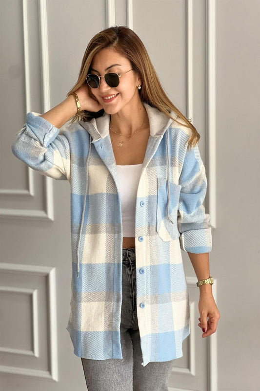 Harper Soft Blue Cream Cotton Plaid Shacket with Hoodie
