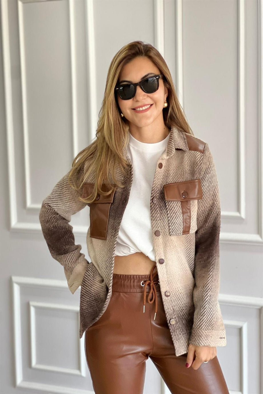 Brown Cotton Plaid Button Down Shacket