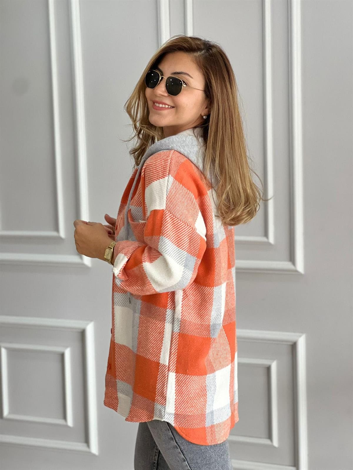 Harper Soft Blue Cream Cotton Plaid Shacket με Φούτερ