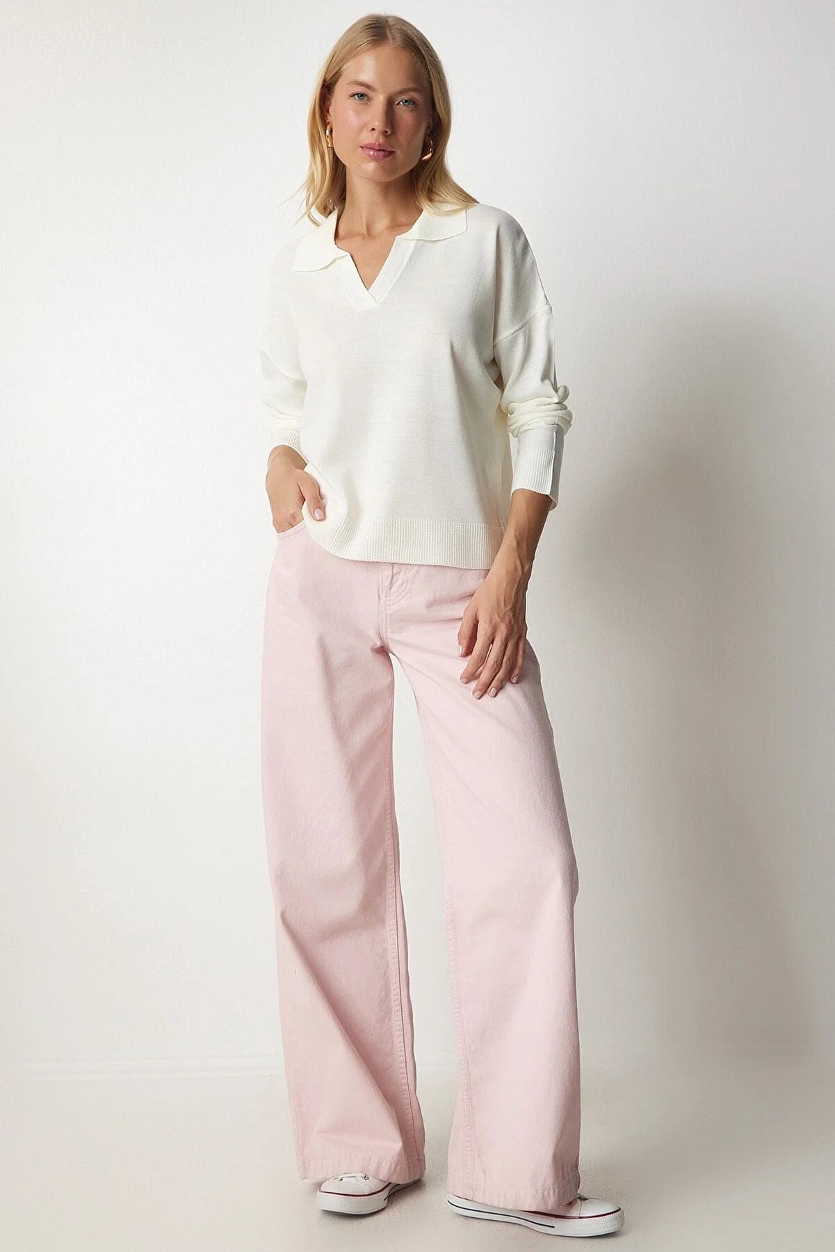 Johnny Yakalı Polo Ekru Kazak